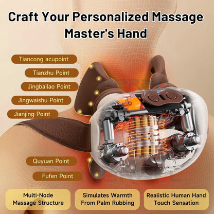 Massage device with mechanical components and text on a beige background