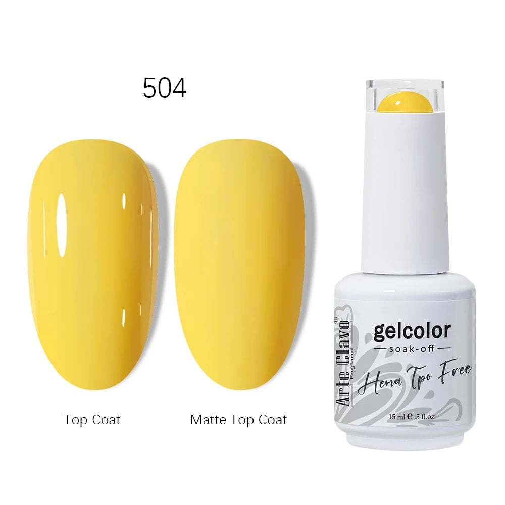 Yellow nail polish with top coat and matte top coat on a white background