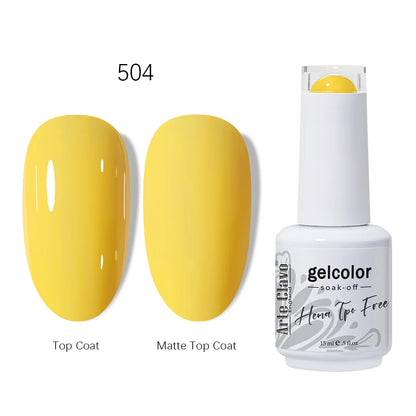 Yellow nail polish with top coat and matte top coat on a white background