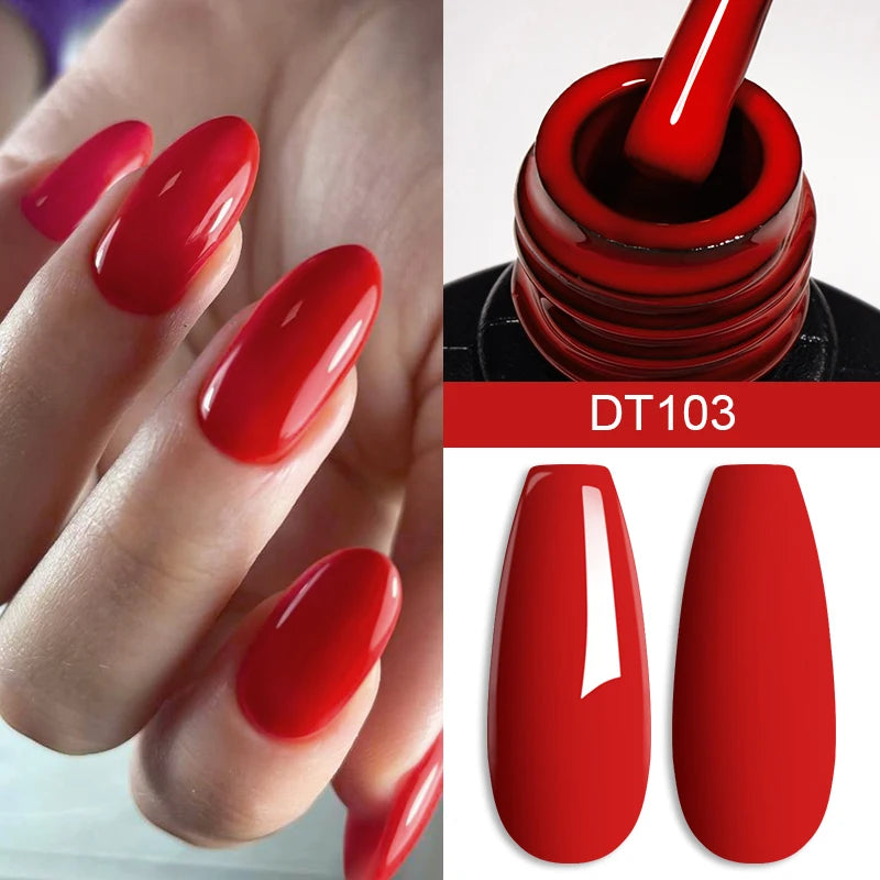 Red nail polish on nails and bottle with 'DT103' label