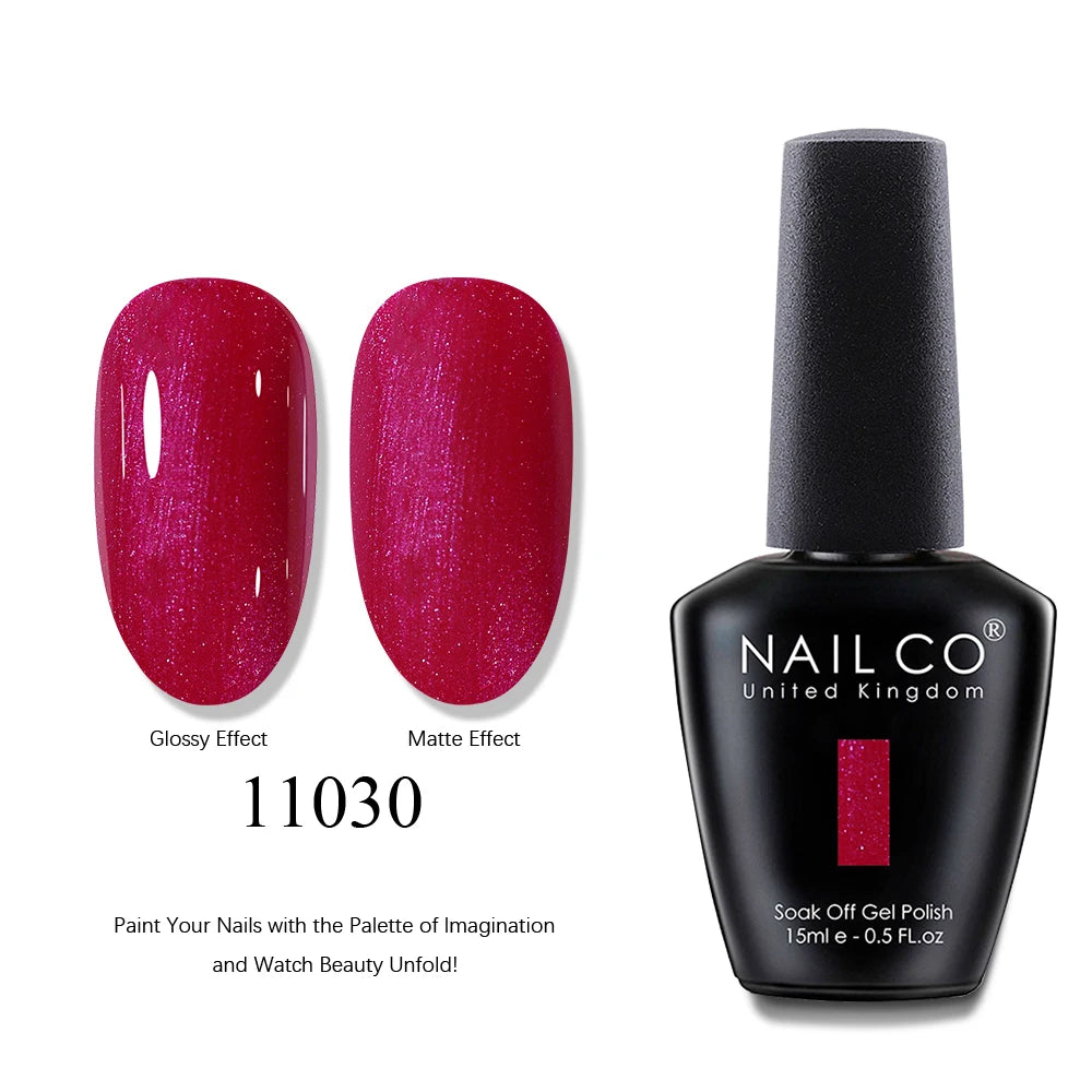 Nail polish bottle with pink nail samples showing glossy and matte effects, and 'NAIL CO' branding.