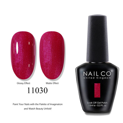 Nail polish bottle with pink nail samples showing glossy and matte effects, and 'NAIL CO' branding.
