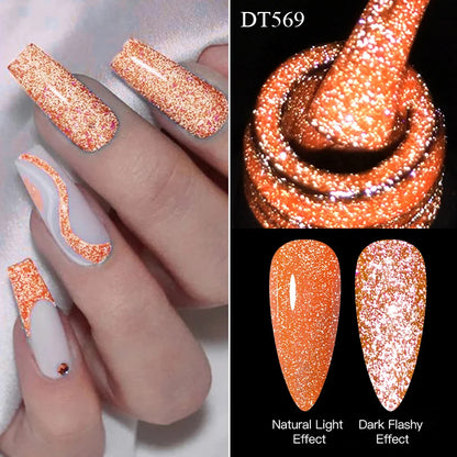 Nail polish with glittery orange color shown on nails and swatched on black background.