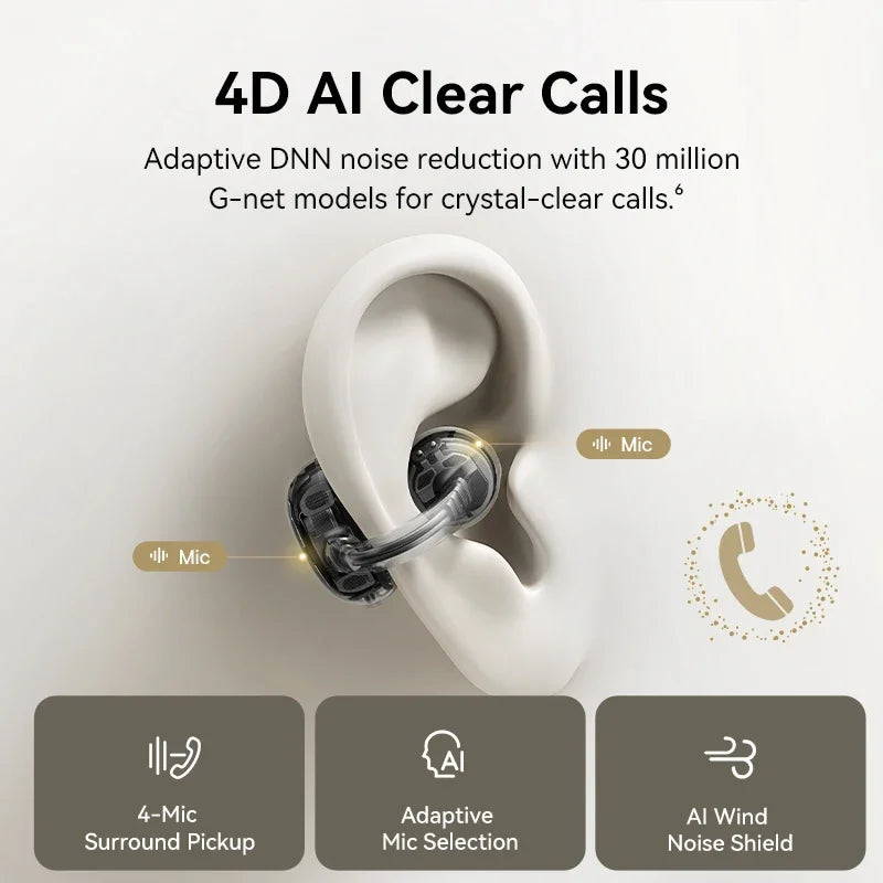 Ear with a 4D AI clear calls device, highlighting features like adaptive DNN noise reduction.