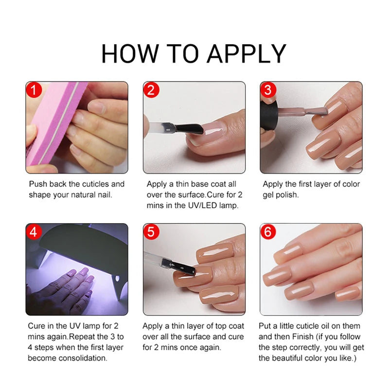 Step-by-step guide on how to apply nail polish with images and text instructions.