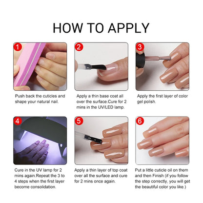 Step-by-step guide on how to apply nail polish with images and text instructions.