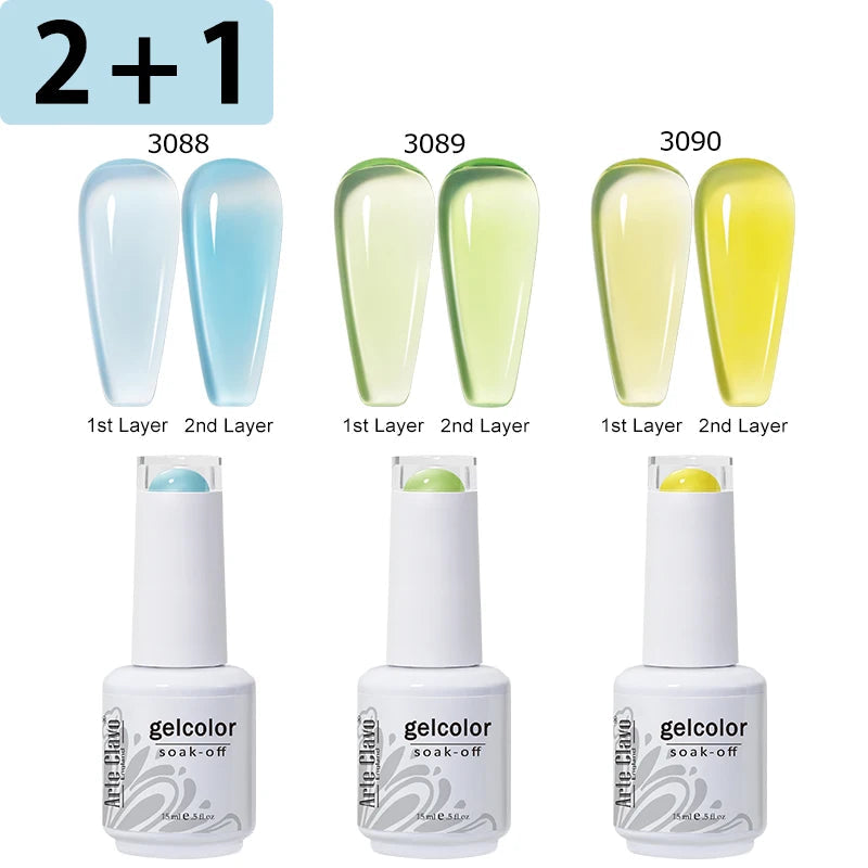 Three gel color bottles with gradient layers and corresponding layer labels on a white background.