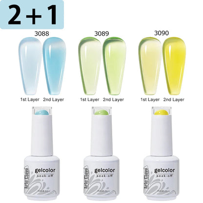 Three gel color bottles with gradient layers and corresponding layer labels on a white background.