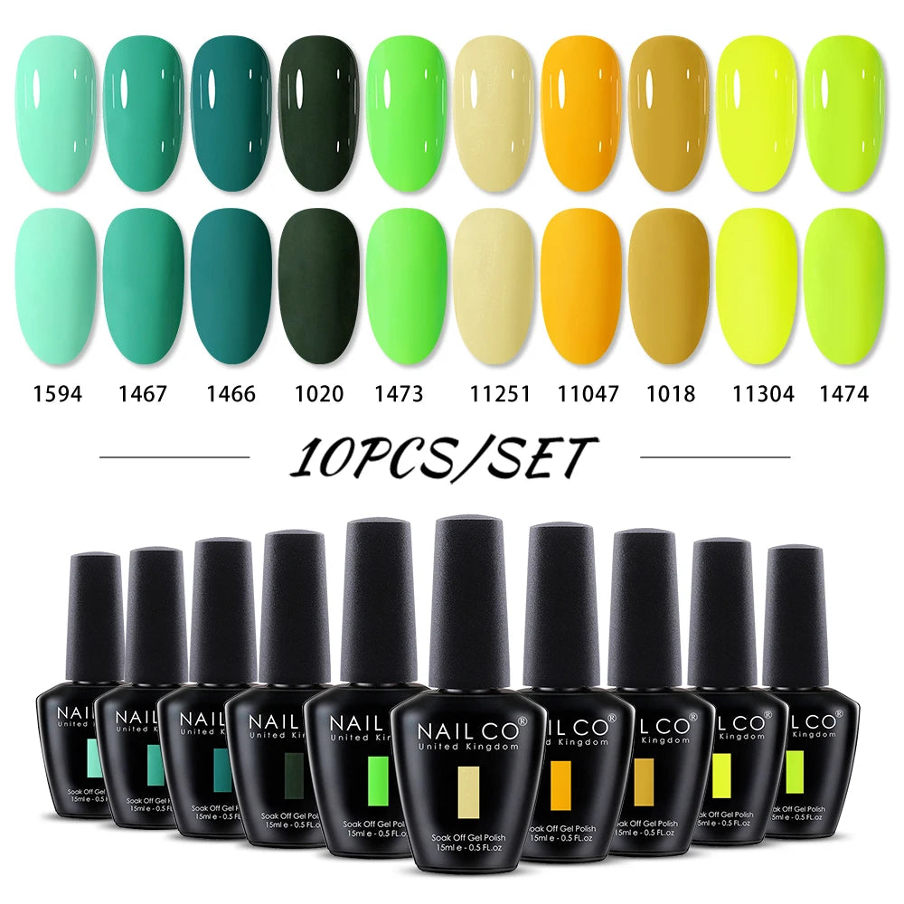 Set of 10 nail polish bottles with corresponding color swatches on a white background