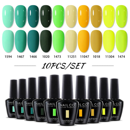 Set of 10 nail polish bottles with corresponding color swatches on a white background