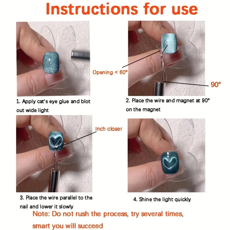 Step-by-step instructions for applying cat's eye nail polish with close-up images and text.