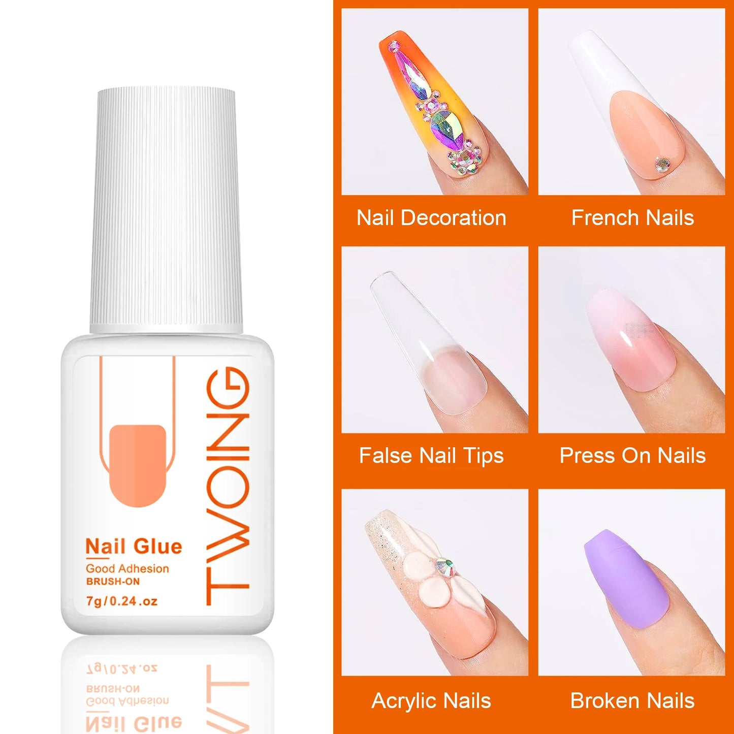 Nail glue bottle with application examples on a white background