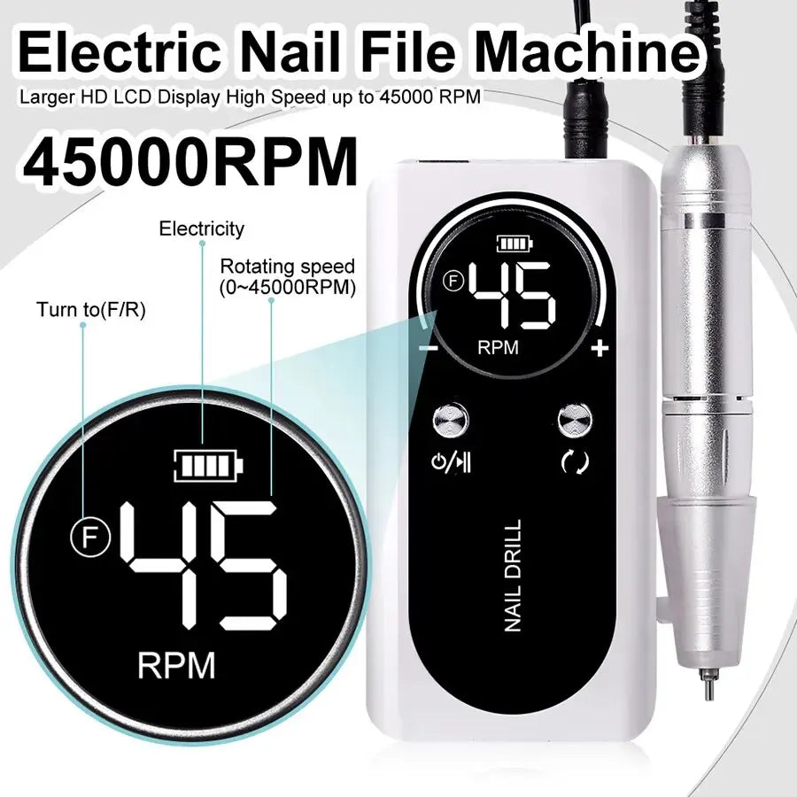 Electric nail file machine with digital display and nail drill on a white background