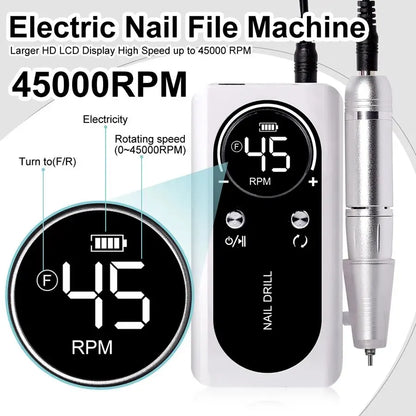 Electric nail file machine with digital display and nail drill on a white background