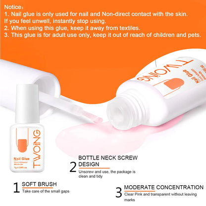 Nail glue product with usage instructions and features on an orange background