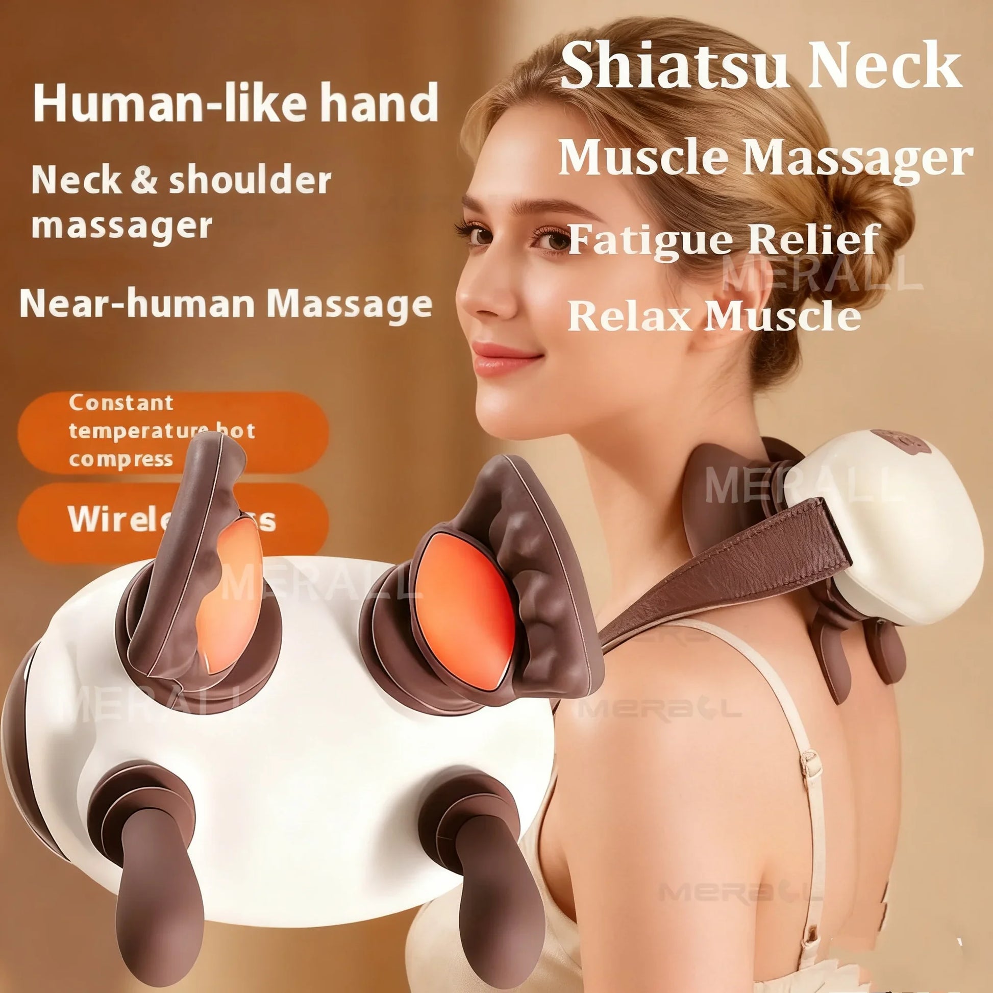Shiatsu neck muscle massager with a woman using it, featuring text on benefits.