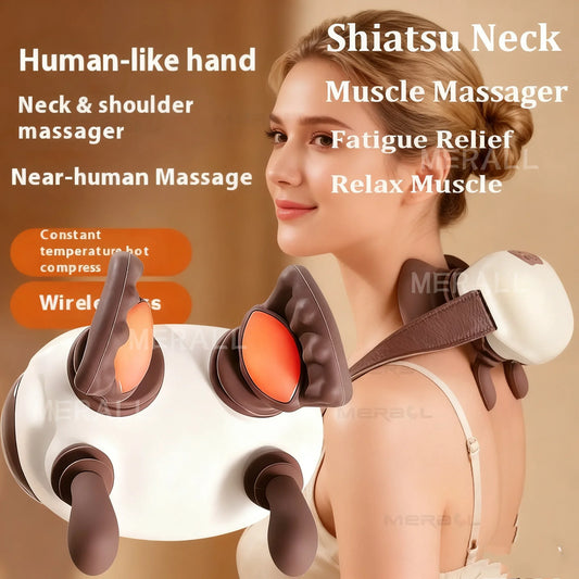Shiatsu neck muscle massager with a woman using it, featuring text on benefits.