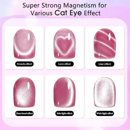 Nail art design kit with various cat eye effects on a pink background