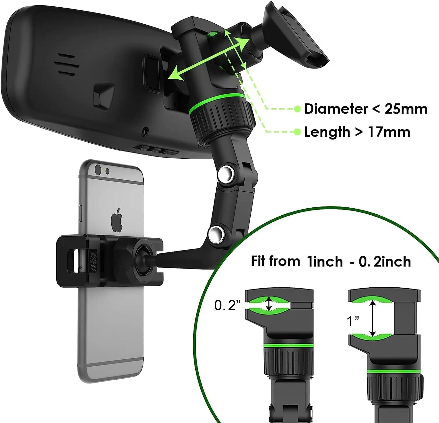 Phone holder with adjustable arm and measurements on a white background