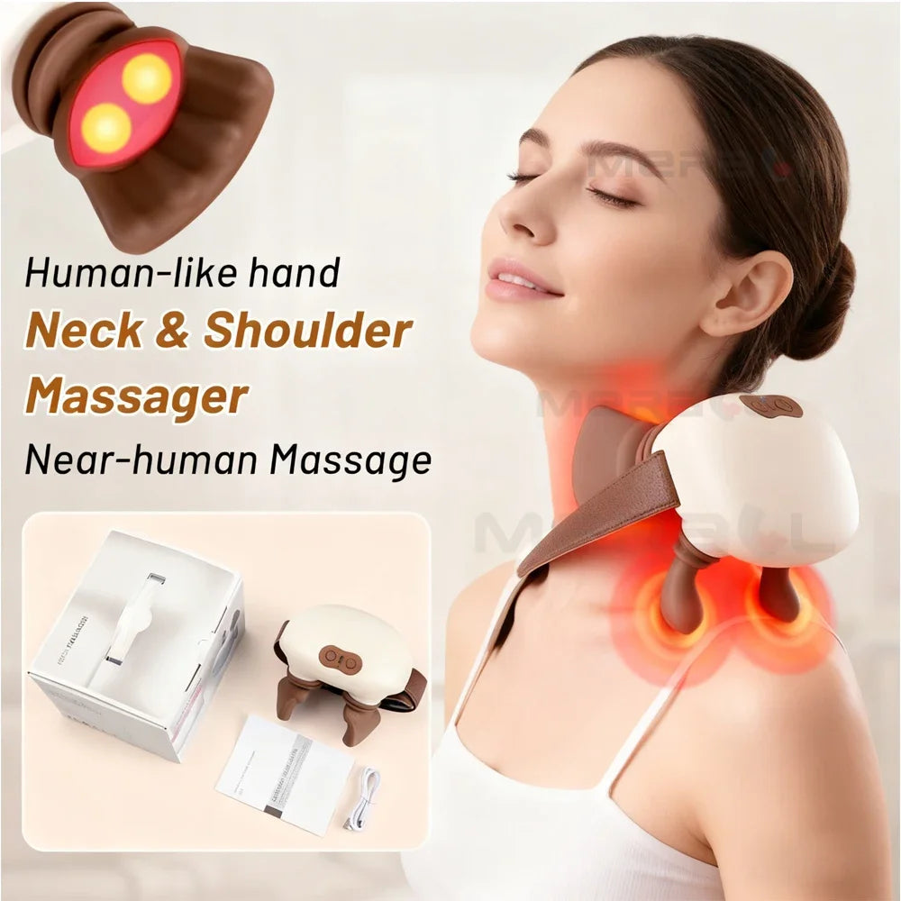 Woman using a neck and shoulder massager with text highlighting its features.