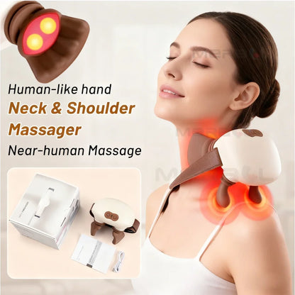 Woman using a neck and shoulder massager with text highlighting its features.