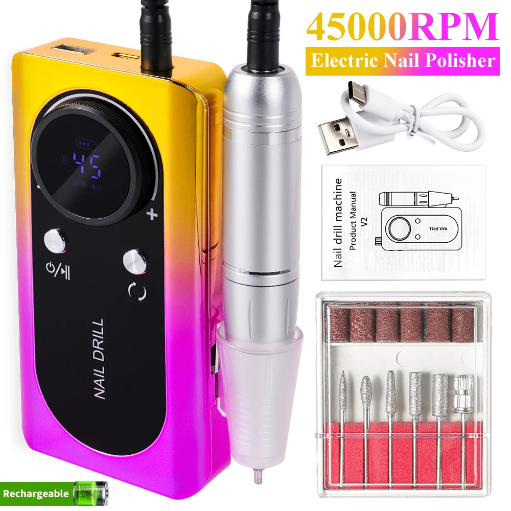 Electric nail polisher set with drill machine, attachments, and USB cable on a white background.