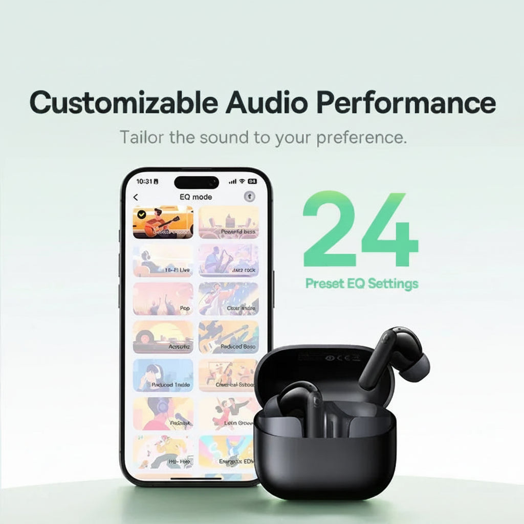 Baseus wireless earbuds with smartphone app interface and customizable audio performance text on a light gray background.