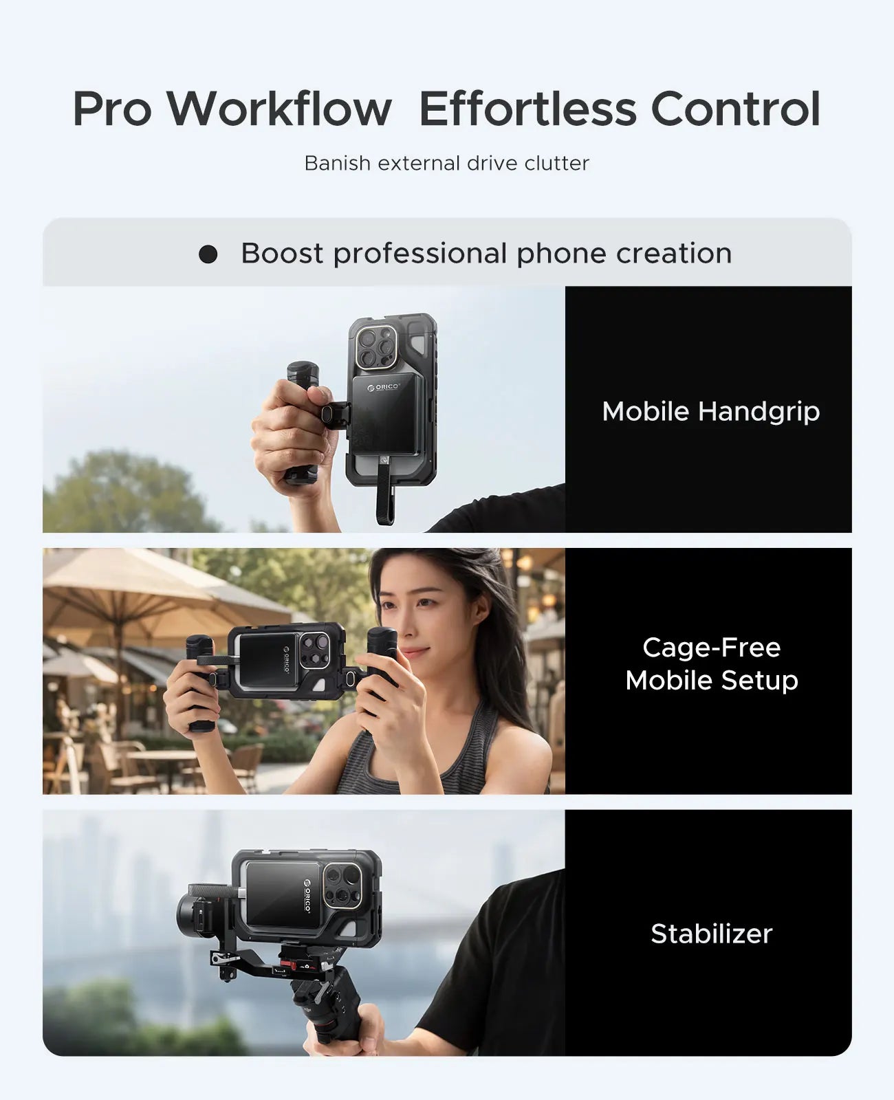 Product advertisement for a mobile handgrip, cage-free mobile setup, and stabilizer with text 'Pro Workflow Effortless Control' on a light blue background.