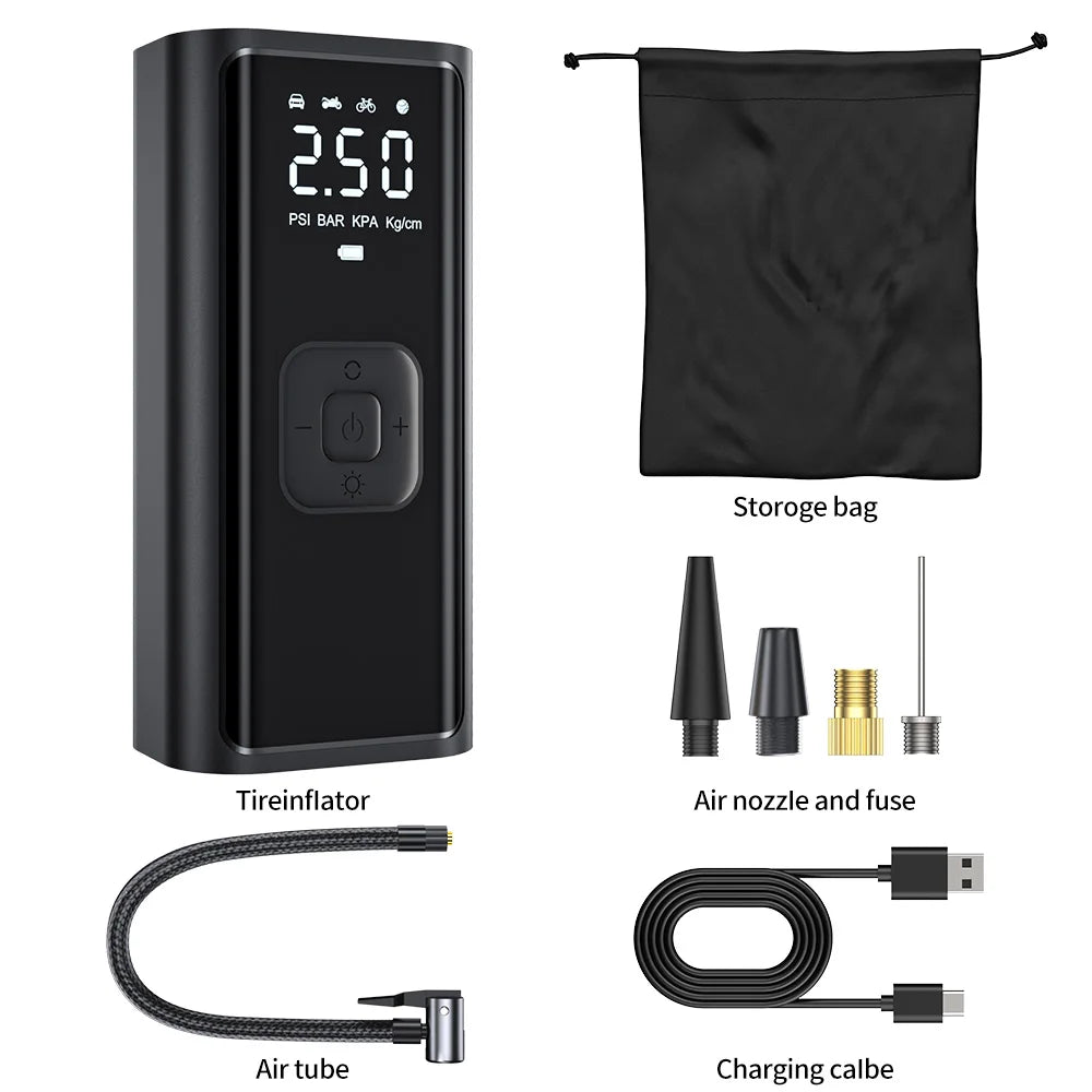 Tire inflator set with storage bag, air nozzle, fuse, air tube, and charging cable on a white background.