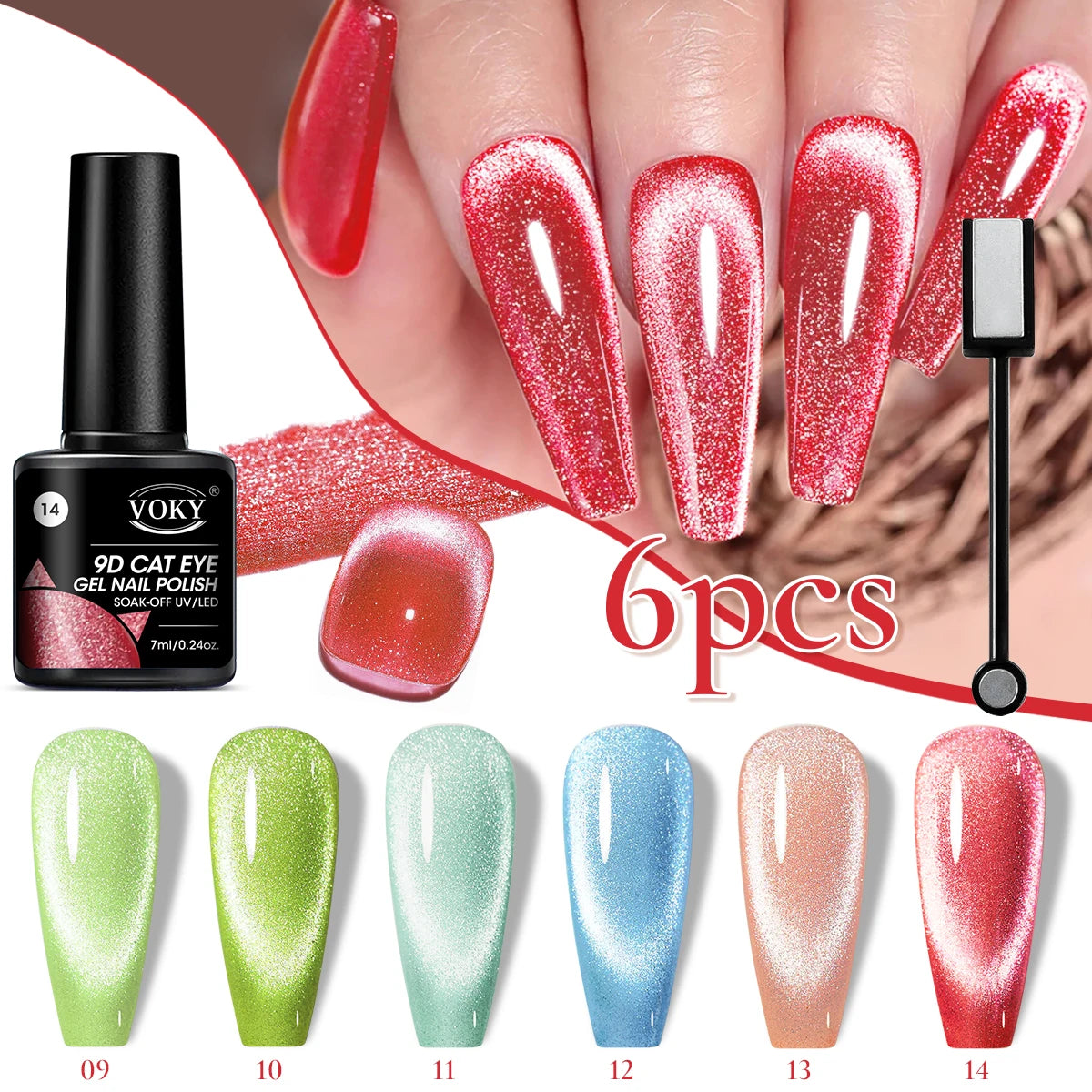 VOKY nail gel polish set with red glittery nails and color swatches.