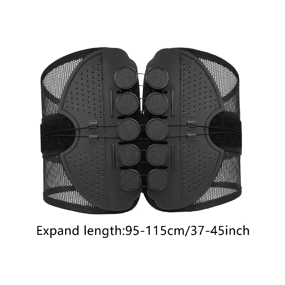 Black back support brace with expandable length on a white background