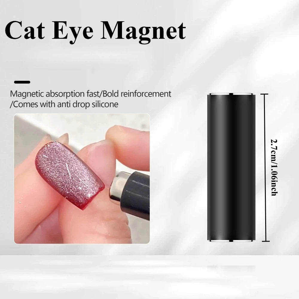 Cat eye magnet with a hand holding a glittery nail and dimensions displayed.