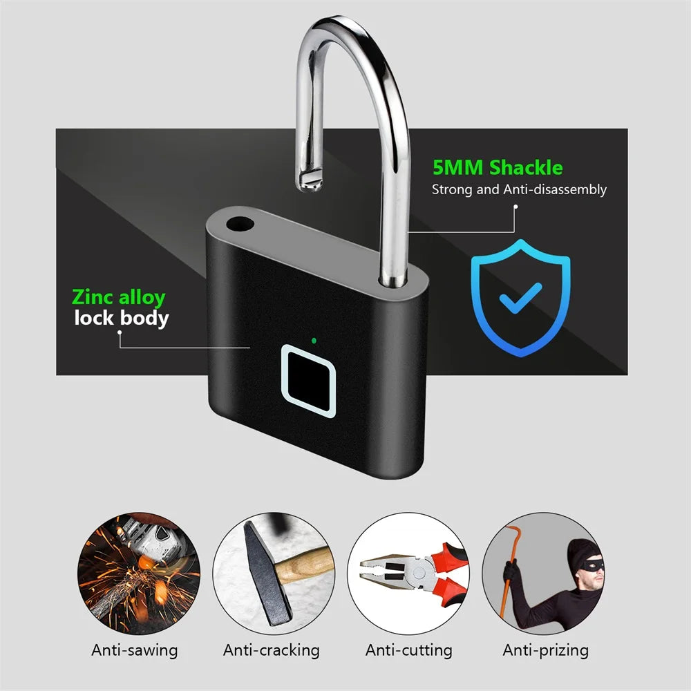 Smart Fingerprint Padlock Keyless USB Rechargeable IP67