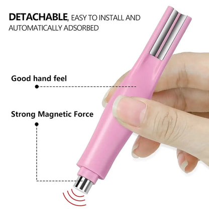 Pink tool with metallic accents held by a hand, labeled for features like detachability and strong magnetic force.