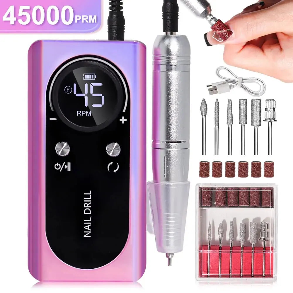 Nail drill set with pink and black device, attachments, and digital display on a white background.