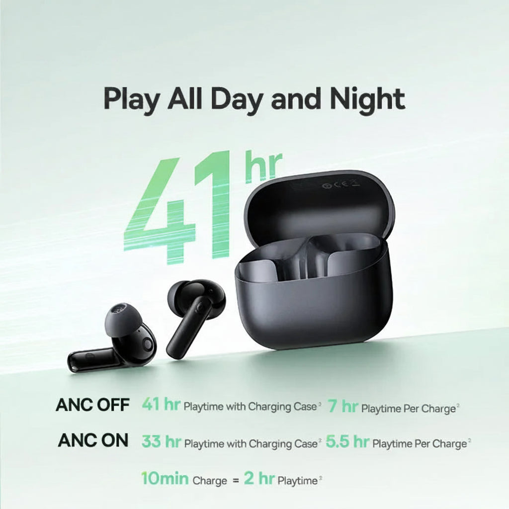 Baseus wireless earbuds with charging case on a light green background