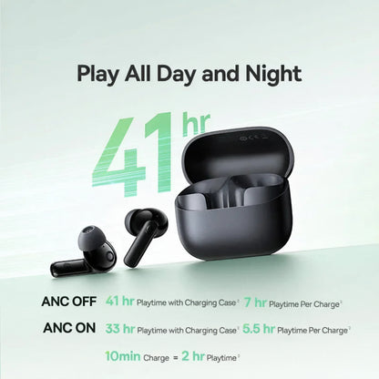 Baseus wireless earbuds with charging case on a light green background