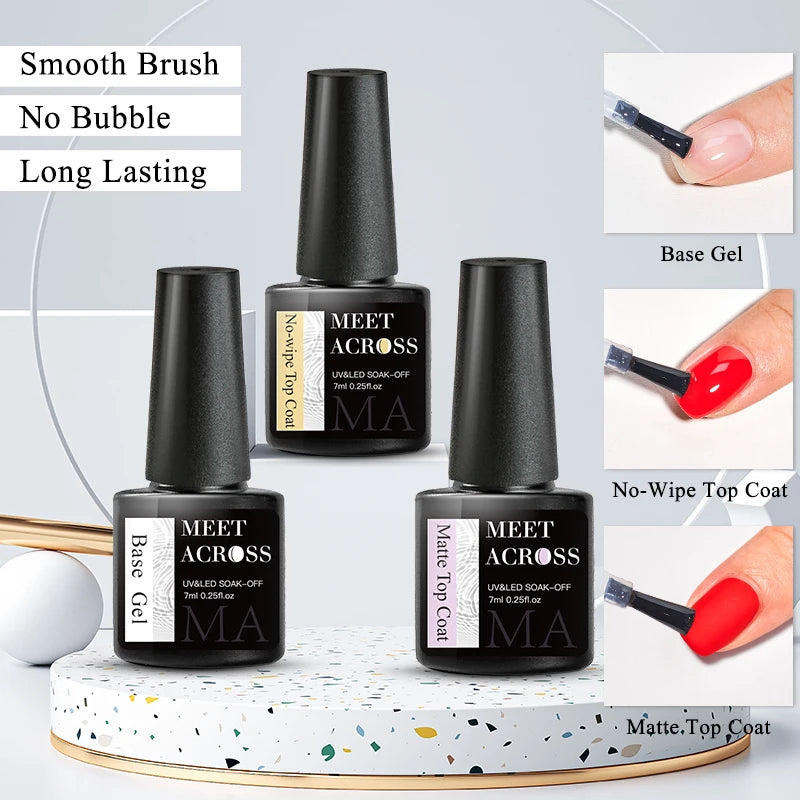 Nail gel polish bottles with 'MEET ACROSS' branding on a white background.