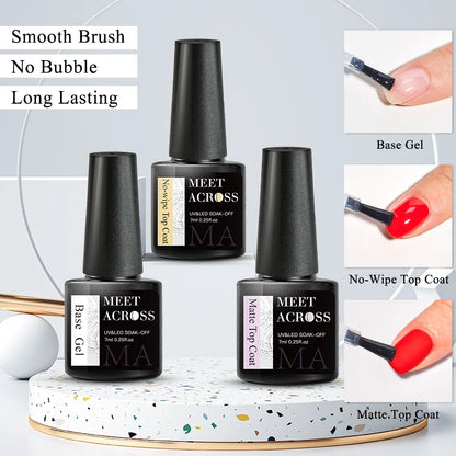 Nail gel polish bottles with 'MEET ACROSS' branding on a white background.