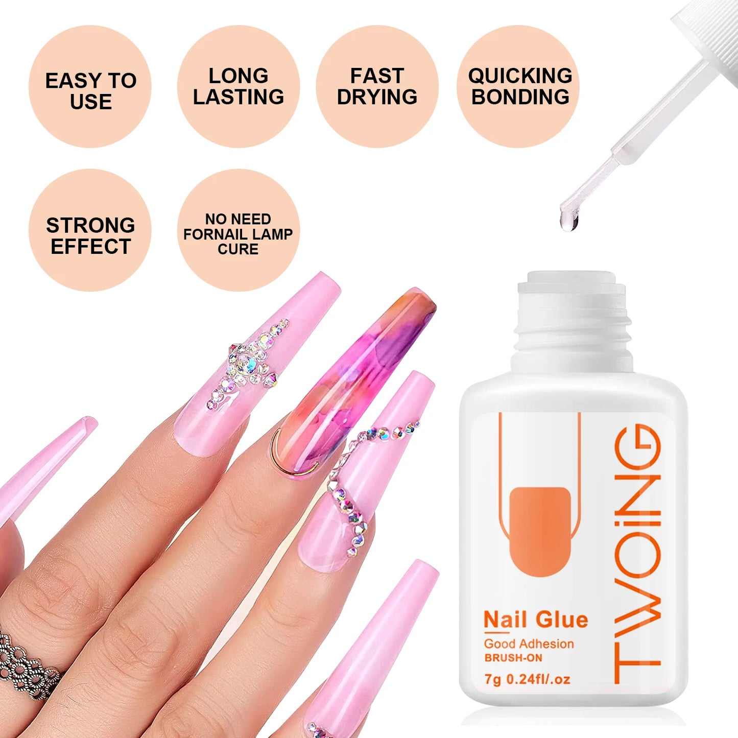 Nail glue bottle with pink nails and product features on a white background
