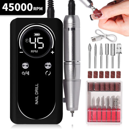 Nail drill set with digital display, nail drill bit, and attachments on a white background