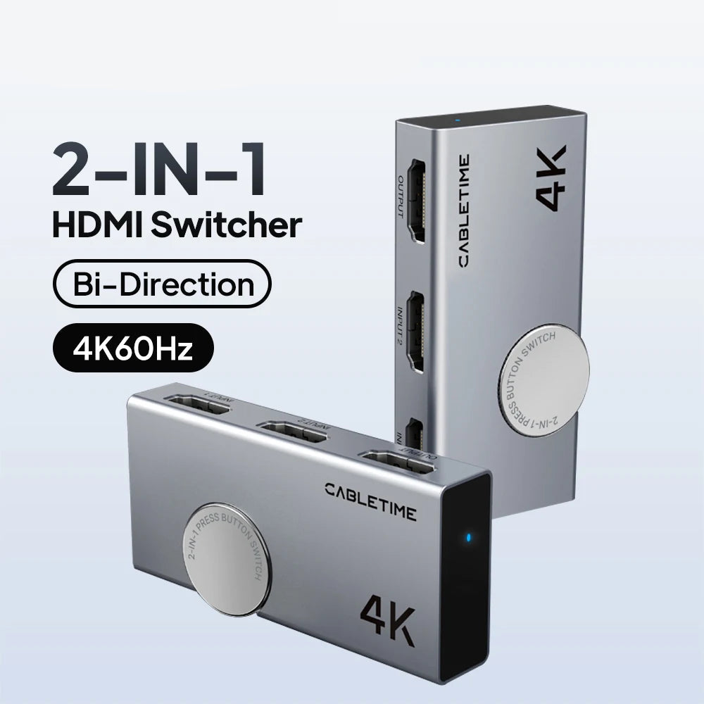 2-in-1 HDMI switcher device shown in two views on a light blue gradient background, with text overlays indicating '2-IN-1 HDMI Switcher', 'Bi-Direction', and '4K60Hz'. The device is metallic silver with black accents and a round silver button.