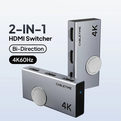 2-in-1 HDMI switcher device shown in two views on a light blue gradient background, with text overlays indicating '2-IN-1 HDMI Switcher', 'Bi-Direction', and '4K60Hz'. The device is metallic silver with black accents and a round silver button.