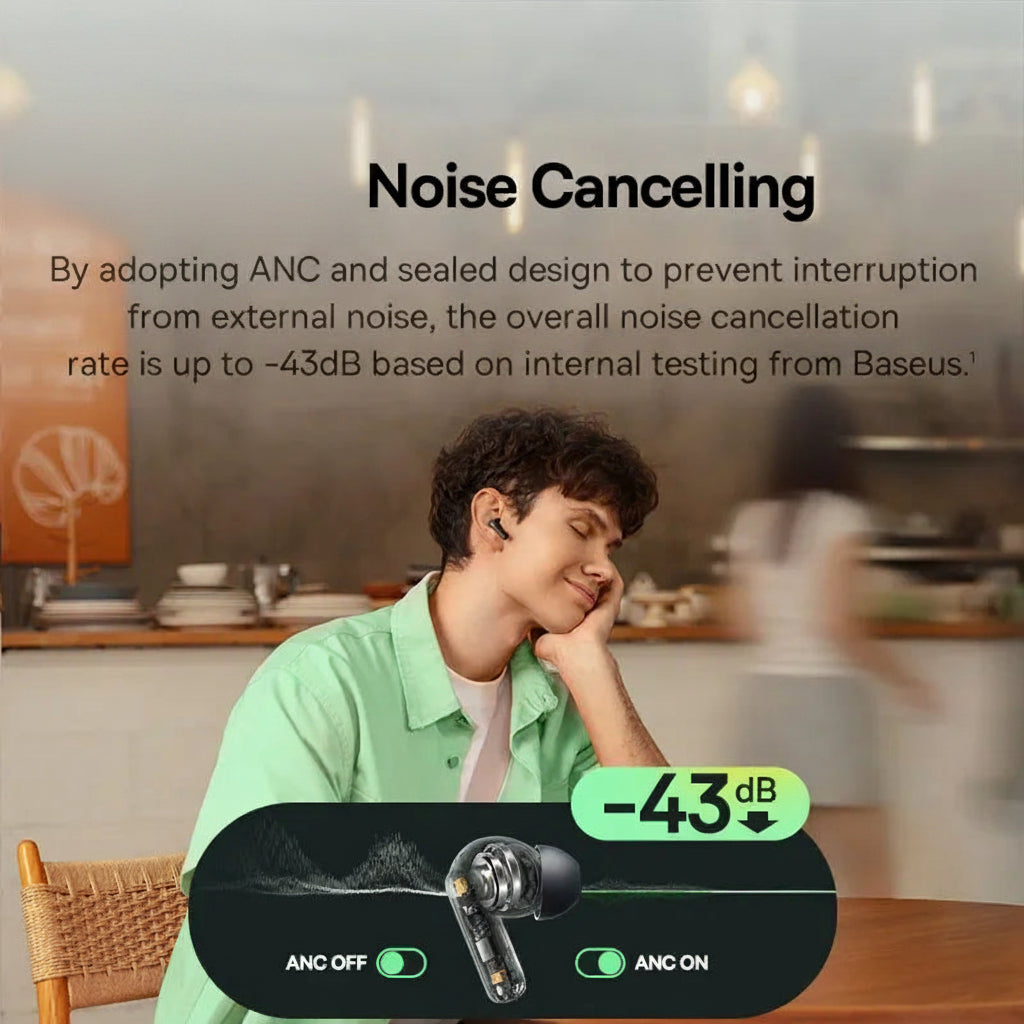Person using earbuds with Baseus deep noise cancelling feature in a kitchen setting