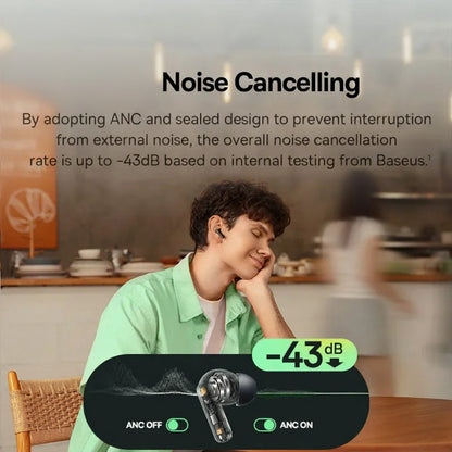 Person using earbuds with Baseus deep noise cancelling feature in a kitchen setting