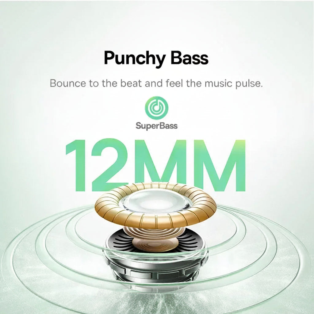 Baseus SuperBass speaker with 12MM text and 'Punchy Bass' slogan on a light gray background
