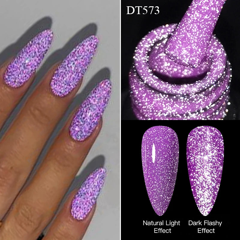 Purple glittery nails with different lighting effects on a gray background