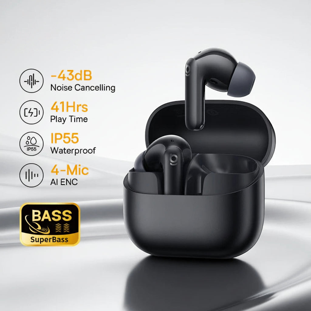 Black wireless earbuds with charging case on a white background, featuring Baseus branding and product features.