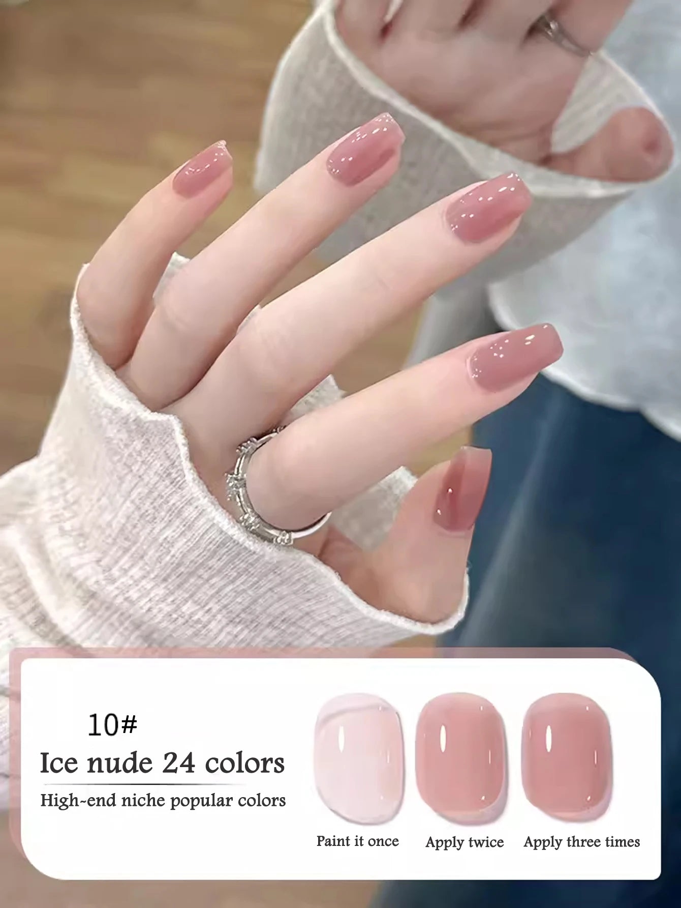 Hand with pink nail polish wearing a white glove, with color swatches below.