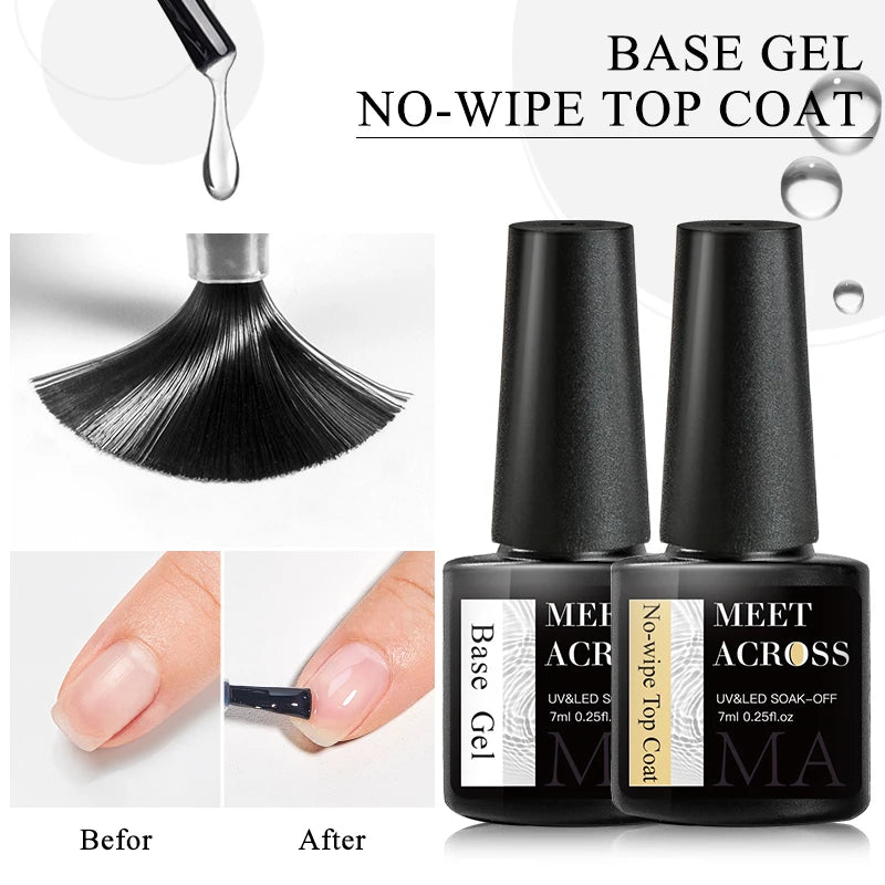 Two bottles of MEET ACROSS nail gel polish with application tools and before/after effect on nails.
